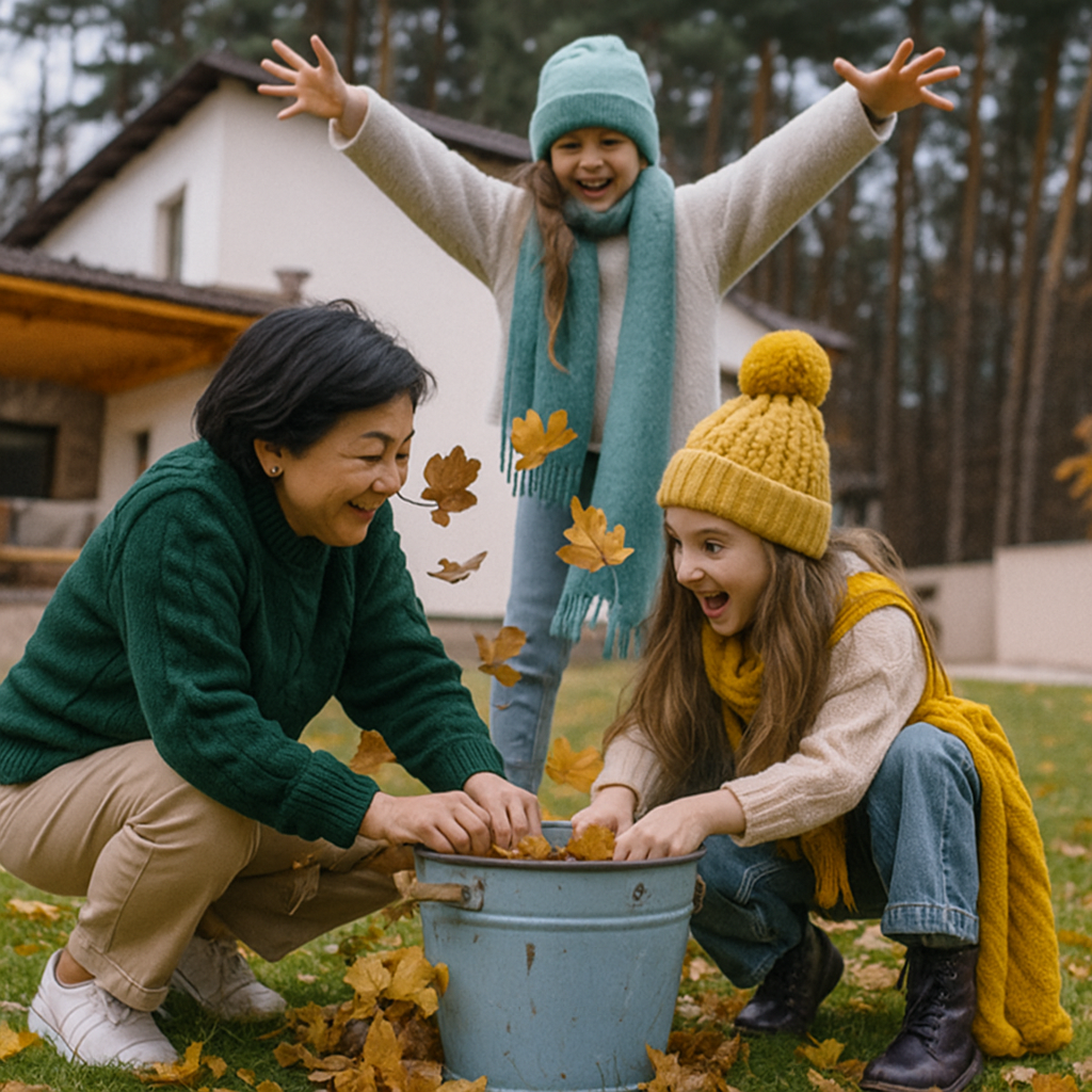 Happy family enjoying fall